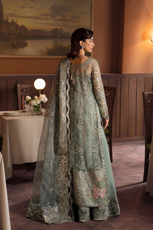 Sage green organza wedding formal with hand-embellished embroidery, raw silk dupatta and trousers. A timeless Hayyat 2025 bridal ensemble.