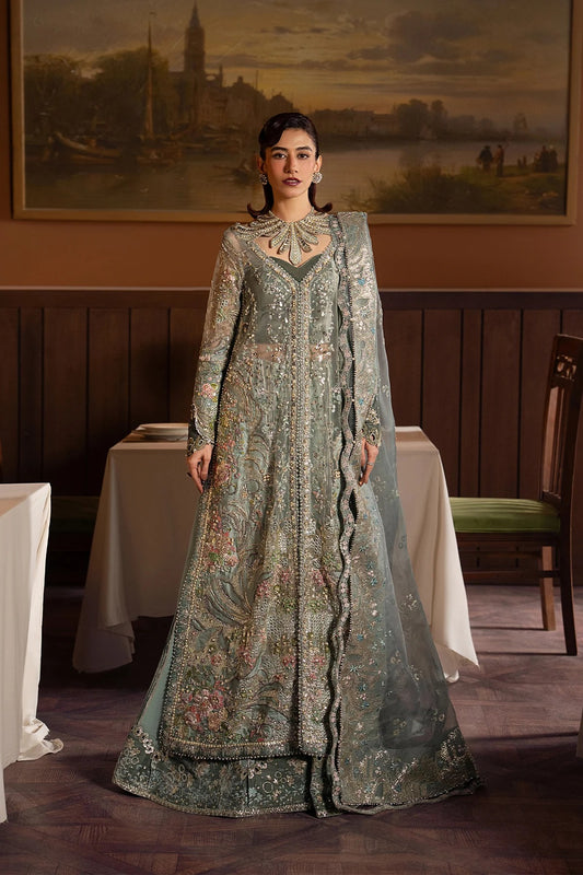 Sage green organza wedding formal with hand-embellished embroidery, raw silk dupatta and trousers. A timeless Hayyat 2025 bridal ensemble.