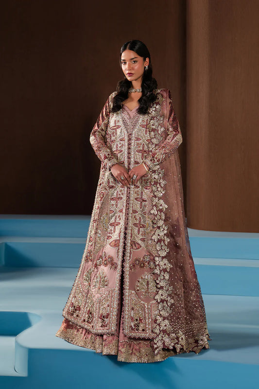 Luxury pink wedding formal featuring digital printed zari embroidery, hand embellishments, raw silk panels and a statement dupatta for festive elegance.