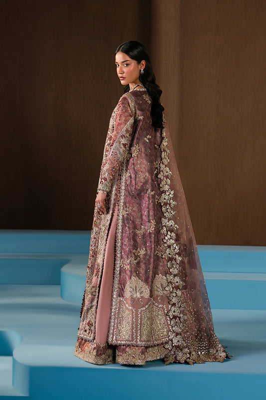 Luxury pink wedding formal featuring digital printed zari embroidery, hand embellishments, raw silk panels and a statement dupatta for festive elegance.