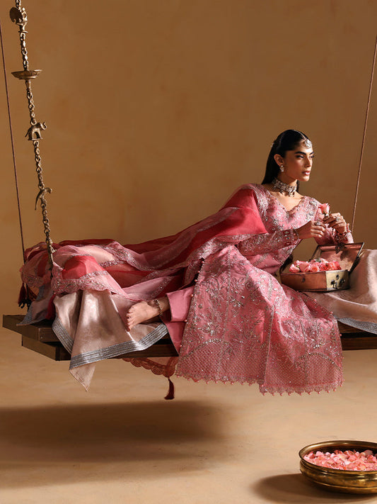 Exquisite adda-worked organza shirt featuring sequined panels, sheesha and panni borders, chatta patti dupatta, and elegant raw silk sharara.