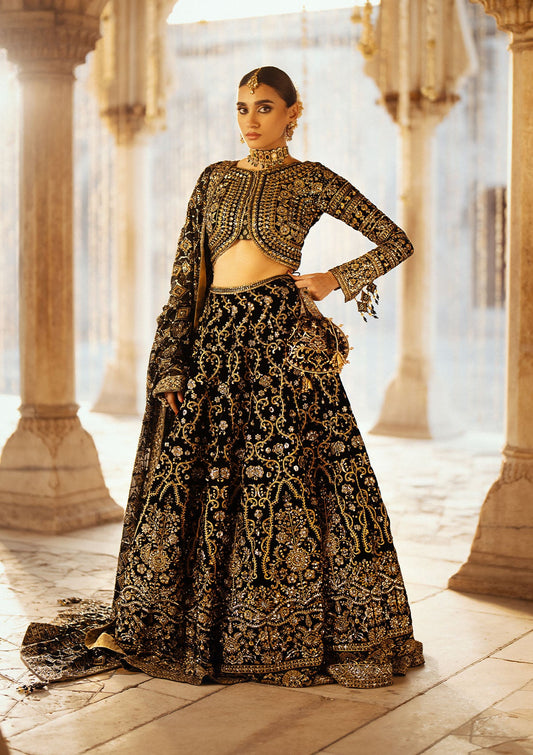 AIK Atelier Dastoor Look A2401 black velvet lehenga choli with gold embroidery