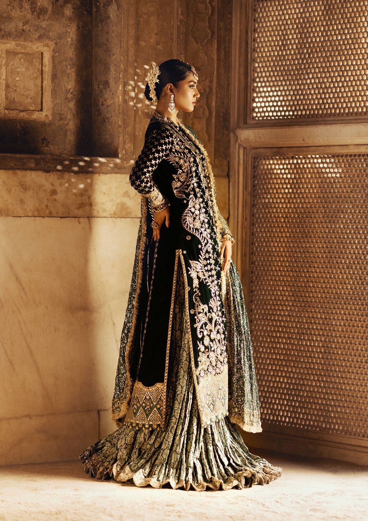 AIK Atelier Dastoor Look A2402 emerald velvet kameez with bronze embroidery