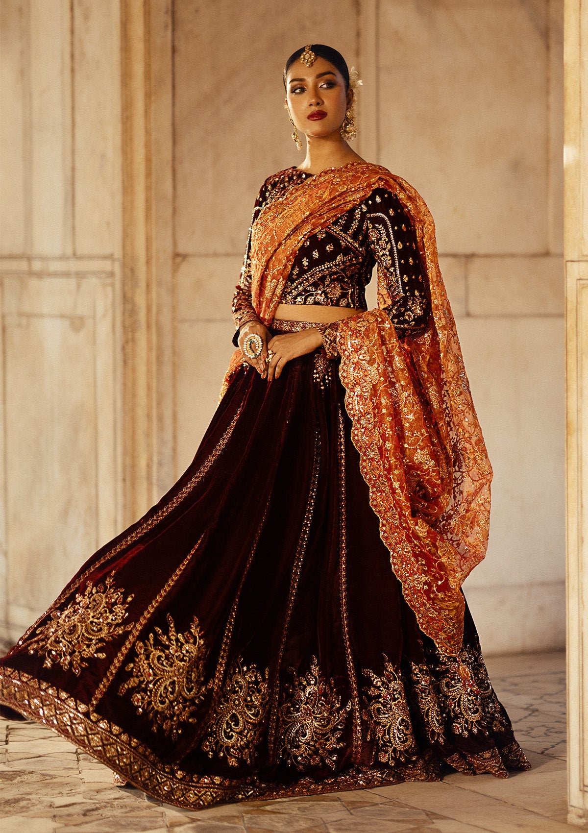 AIK Atelier Dastoor Look A2406 maroon velvet lehenga choli