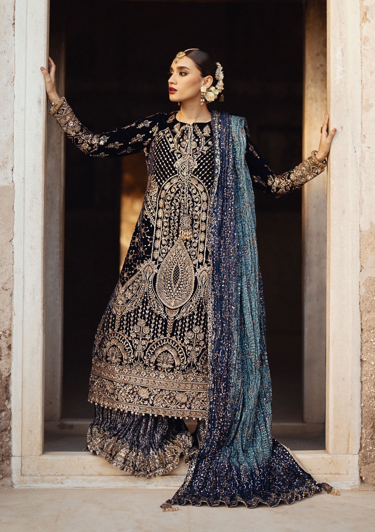 AIK Atelier Dastoor Look A2407 navy velvet kameez with tilla embroidery
