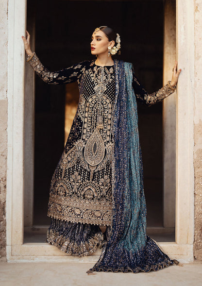 AIK Atelier Dastoor Look A2407 navy velvet kameez with tilla embroidery