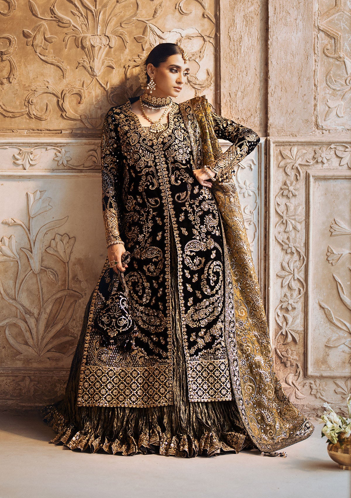 AIK Atelier Dastoor Look A2408 black velvet kameez with paisley tilla work
