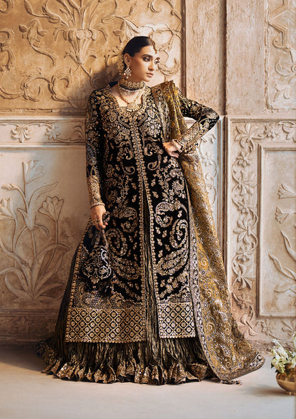 AIK Atelier Dastoor Look A2408 black velvet kameez with paisley tilla work
