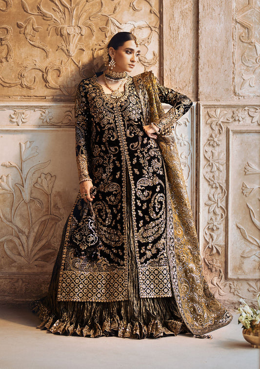 AIK Atelier Dastoor Look A2408 black velvet kameez with paisley tilla work