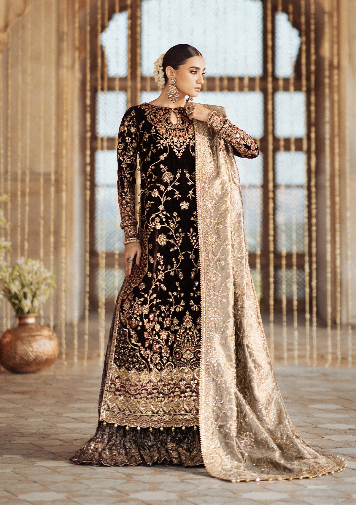 AIK Atelier Dastoor Look A2409 brown velvet kameez with floral tilla embroidery