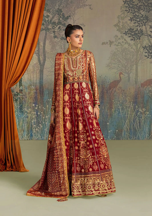 Elegant foil printed chiffon dress with embroidered organza neckline, borders and sleeves. Paired with medium silk pants and foil printed silk dupatta.