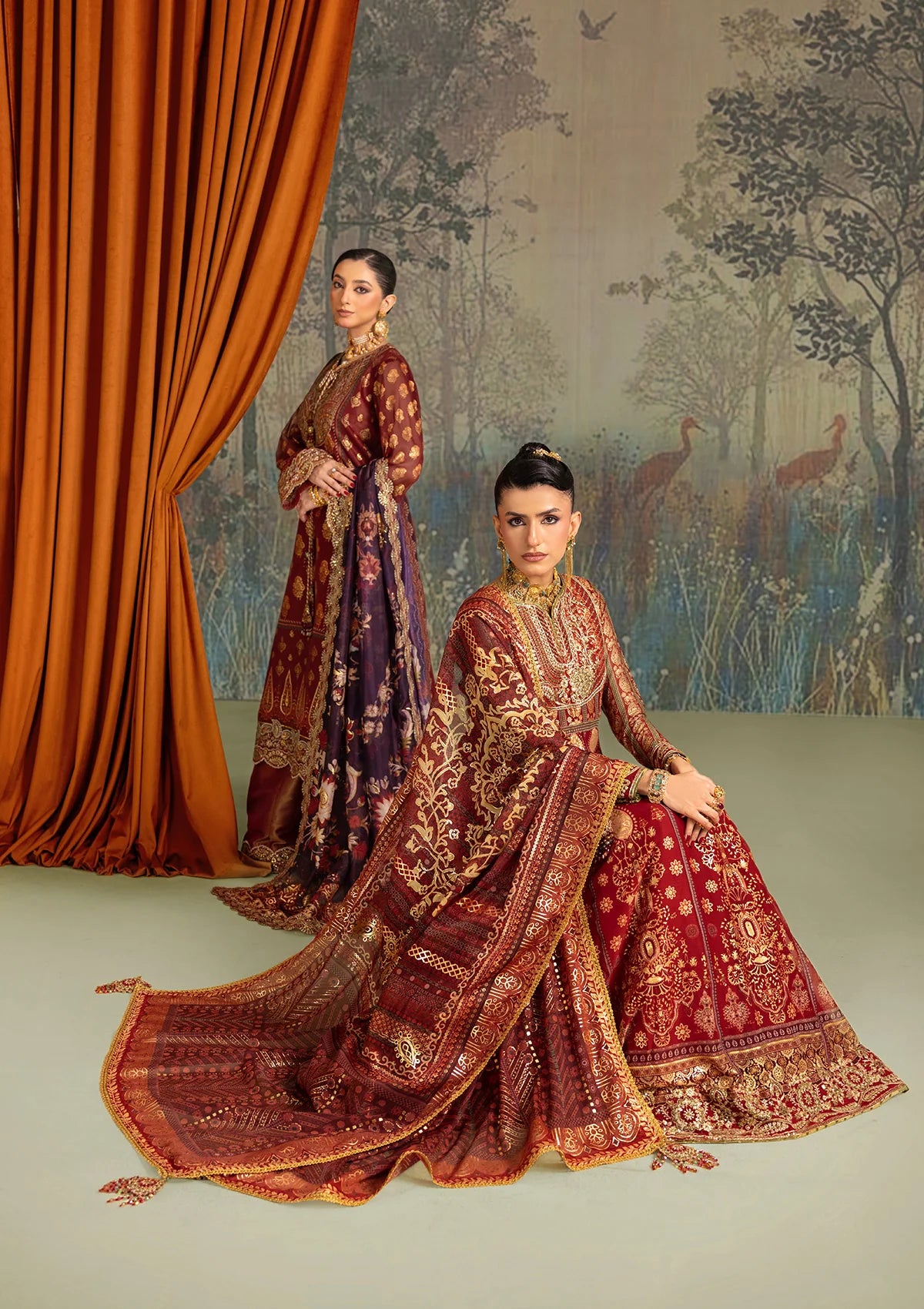 Elegant foil printed chiffon dress with embroidered organza neckline, borders and sleeves. Paired with medium silk pants and foil printed silk dupatta.