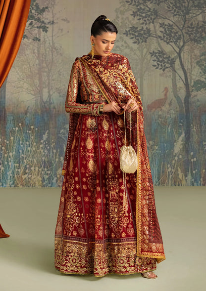 Elegant foil printed chiffon dress with embroidered organza neckline, borders and sleeves. Paired with medium silk pants and foil printed silk dupatta.