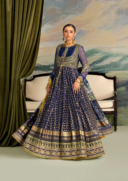 Elegant printed chiffon dress with embroidered silk bodice patches, organza borders and sleeves. Paired with medium silk pants and foil printed silk dupatta.