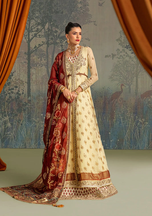 Stylish foil printed chiffon dress with embroidered organza neckline and borders. Paired with printed crepe silk pants and foil printed silk dupatta.