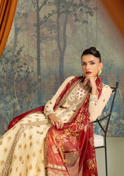 Stylish foil printed chiffon dress with embroidered organza neckline and borders. Paired with printed crepe silk pants and foil printed silk dupatta.