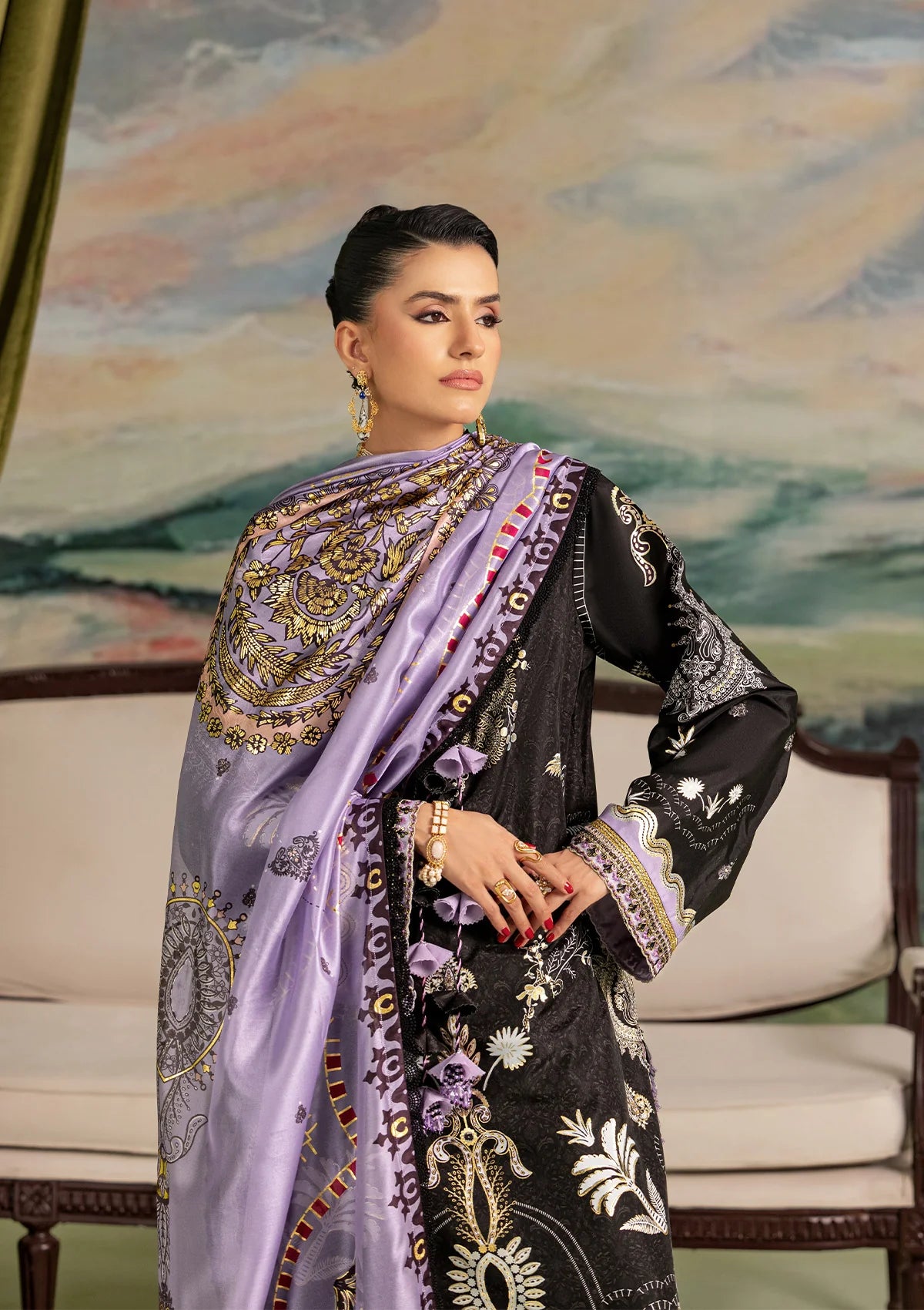 Elegant foil printed crepe silk dress with embroidered organza neckline finishing and sleeve borders. Paired with printed crepe silk pants and silk dupatta.