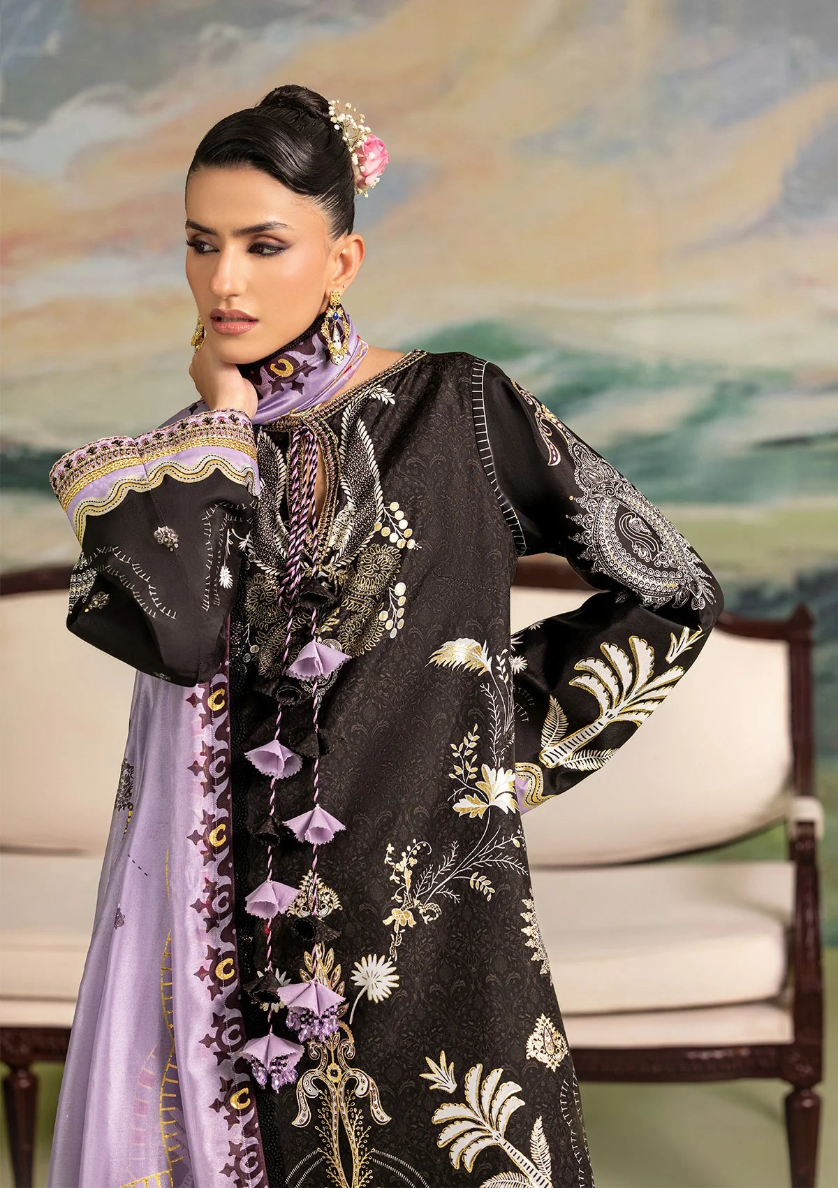 Elegant foil printed crepe silk dress with embroidered organza neckline finishing and sleeve borders. Paired with printed crepe silk pants and silk dupatta.