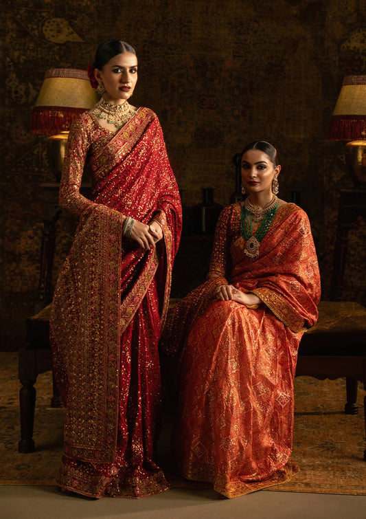 Elegant medium silk blouse with embroidered front, back, and sleeves, paired with printed and embroidered tussar silk saree featuring pallu, borders, and silk petticoat for festive occasions.