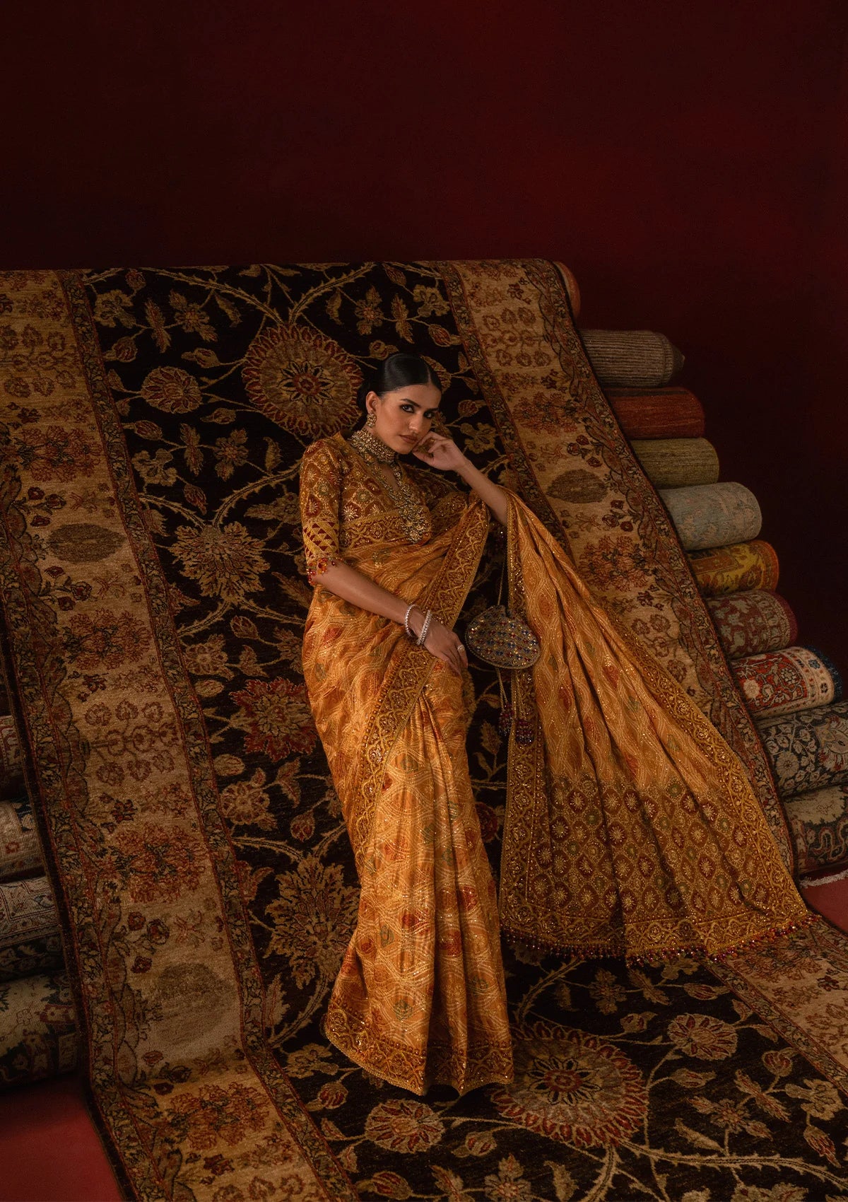 Elegant medium silk blouse with embroidered bodice and sleeves, paired with printed and embroidered tussar silk saree featuring pallu, borders, and medium silk petticoat.