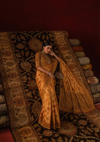 Elegant medium silk blouse with embroidered bodice and sleeves, paired with printed and embroidered tussar silk saree featuring pallu, borders, and medium silk petticoat.