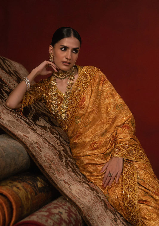 Elegant medium silk blouse with embroidered bodice and sleeves, paired with printed and embroidered tussar silk saree featuring pallu, borders, and medium silk petticoat.