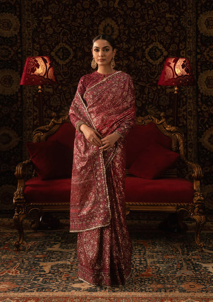 Elegant tussar silk saree with printed and embroidered fall and pallu, paired with medium silk blouse featuring embroidered sleeves, neckline, and petticoat for festive occasions.