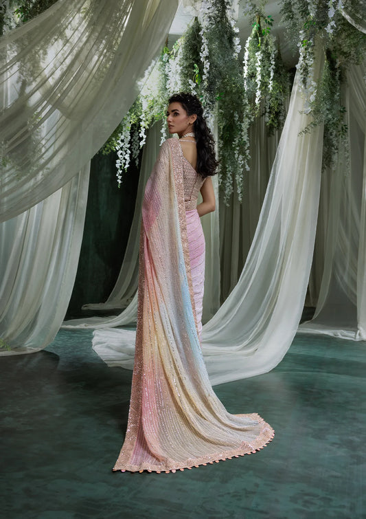 Graceful chiffon saree with printed and embroidered fall and pallu, paired with an embroidered chiffon blouse, organza borders, and a medium silk petticoat.