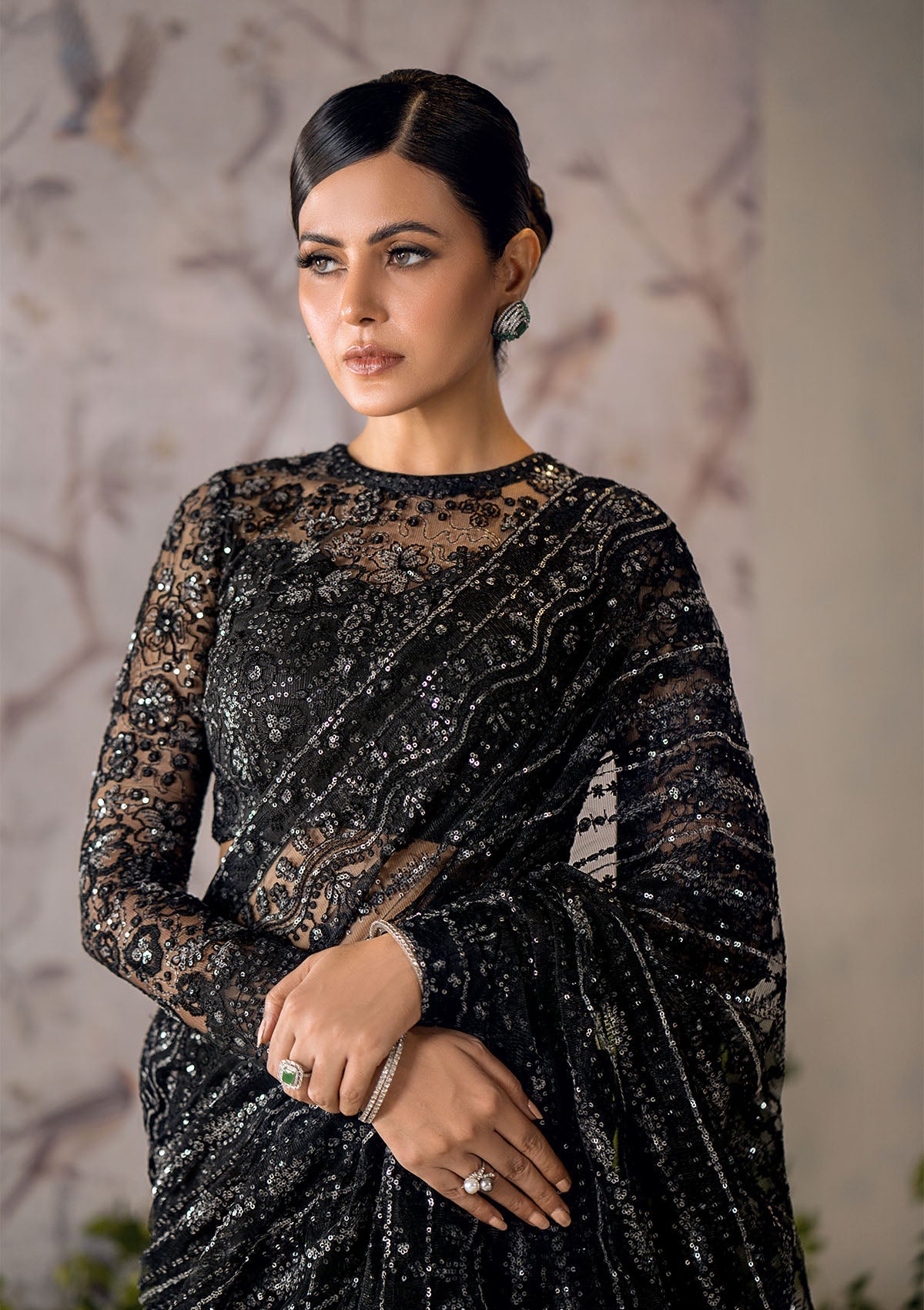 AIK Atelier Sari A2305 Pakistani black party wear saree with sequins