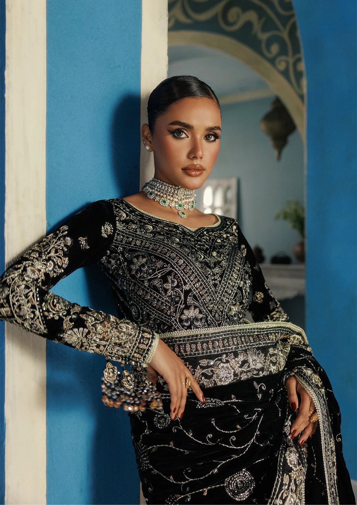 Elegant embroidered velvet blouse with organza detailing, paired with chiffon saree featuring velvet pallu, embroidered borders, and medium silk petticoat for festive occasions.