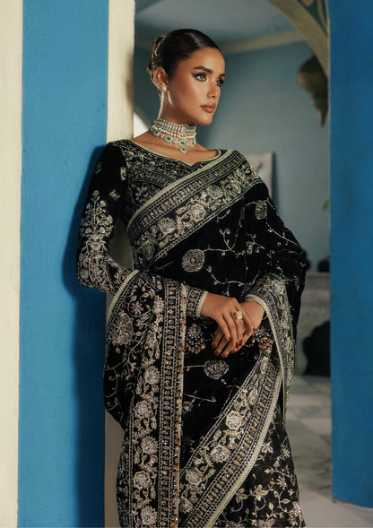 Elegant embroidered velvet blouse with organza detailing, paired with chiffon saree featuring velvet pallu, embroidered borders, and medium silk petticoat for festive occasions.
