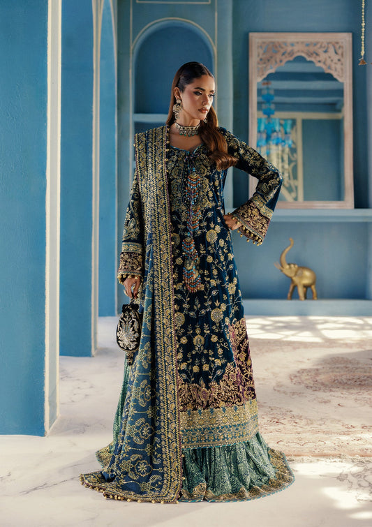 AIK Atelier Udaipur Look A2508 blue teal embroidered velvet formal