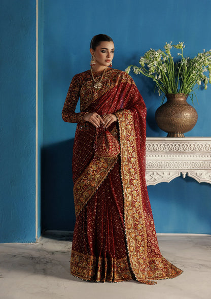 Elegant embroidered velvet blouse with organza detailing paired with chiffon saree featuring embroidered pallu, borders, and medium silk petticoat for festive wear.