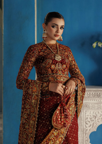 Elegant embroidered velvet blouse with organza detailing paired with chiffon saree featuring embroidered pallu, borders, and medium silk petticoat for festive wear.