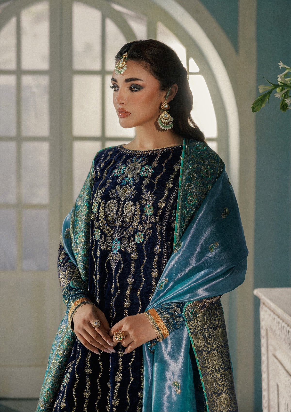 AIK Atelier Udaipur A2510 Pakistani blue velvet suit with tissue dupatta