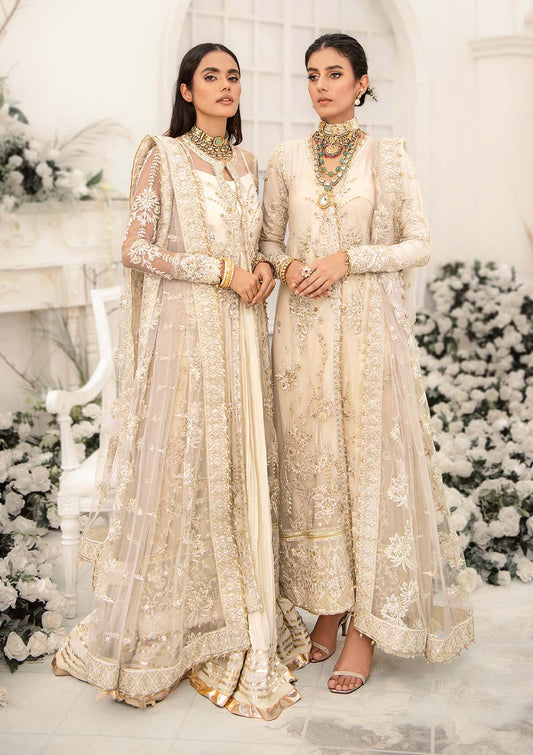 Elegant ivory net outfit with hand-embellished floral motifs, gold dipped pearls, sequins, glass beads, raw silk pants and an embroidered net dupatta luxe.