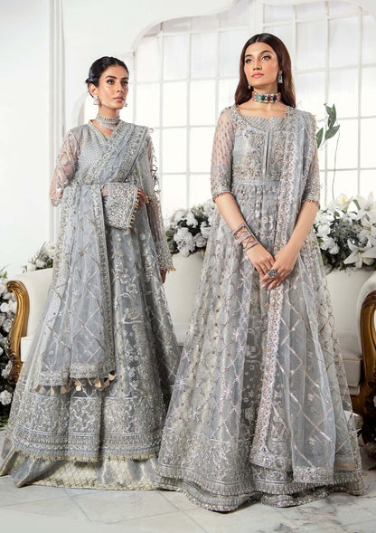 Majestic silver net ensemble featuring sequin-encrusted jaals, crystal embellished details, organza borders, raw silk pants, and an embroidered net dupatta for a timeless feminine luxury look.