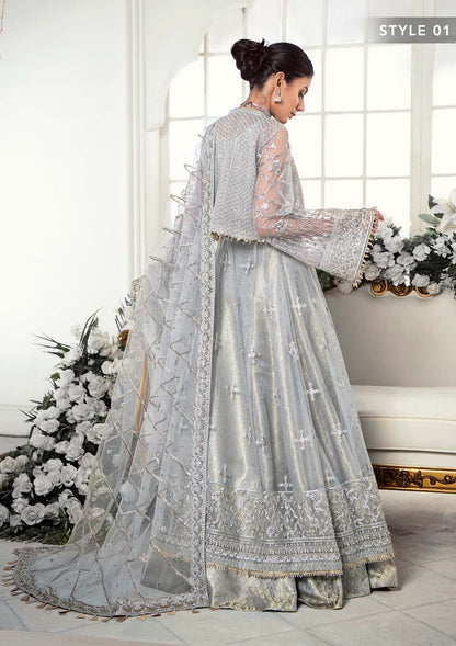 Majestic silver net ensemble featuring sequin-encrusted jaals, crystal embellished details, organza borders, raw silk pants, and an embroidered net dupatta for a timeless feminine luxury look.