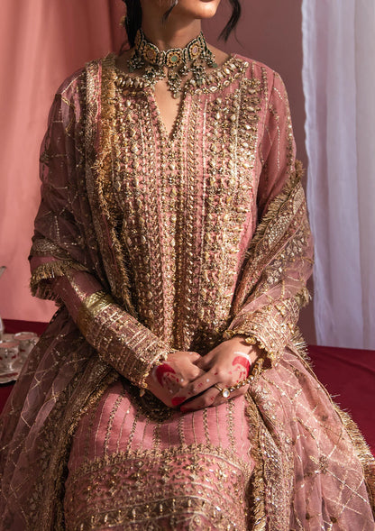 Chai pink khaddi net outfit inspired by Kashmiri marori embroidery, featuring tilla, sitara and gota details with raw silk pants and an embroidered net dupatta with organza borders