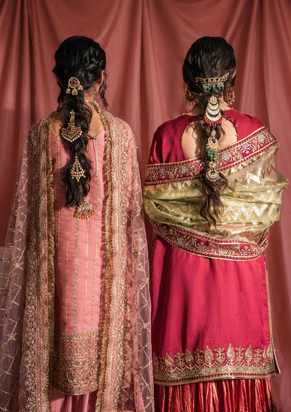 Chai pink khaddi net outfit inspired by Kashmiri marori embroidery, featuring tilla, sitara and gota details with raw silk pants and an embroidered net dupatta with organza borders