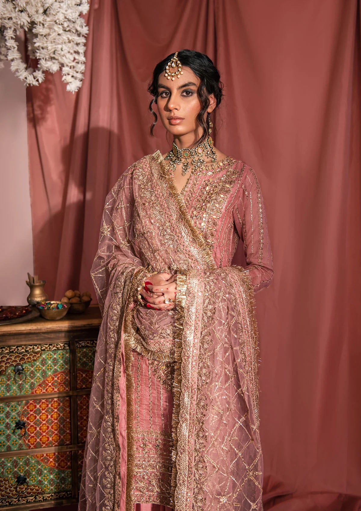 Chai pink khaddi net outfit inspired by Kashmiri marori embroidery, featuring tilla, sitara and gota details with raw silk pants and an embroidered net dupatta with organza borders