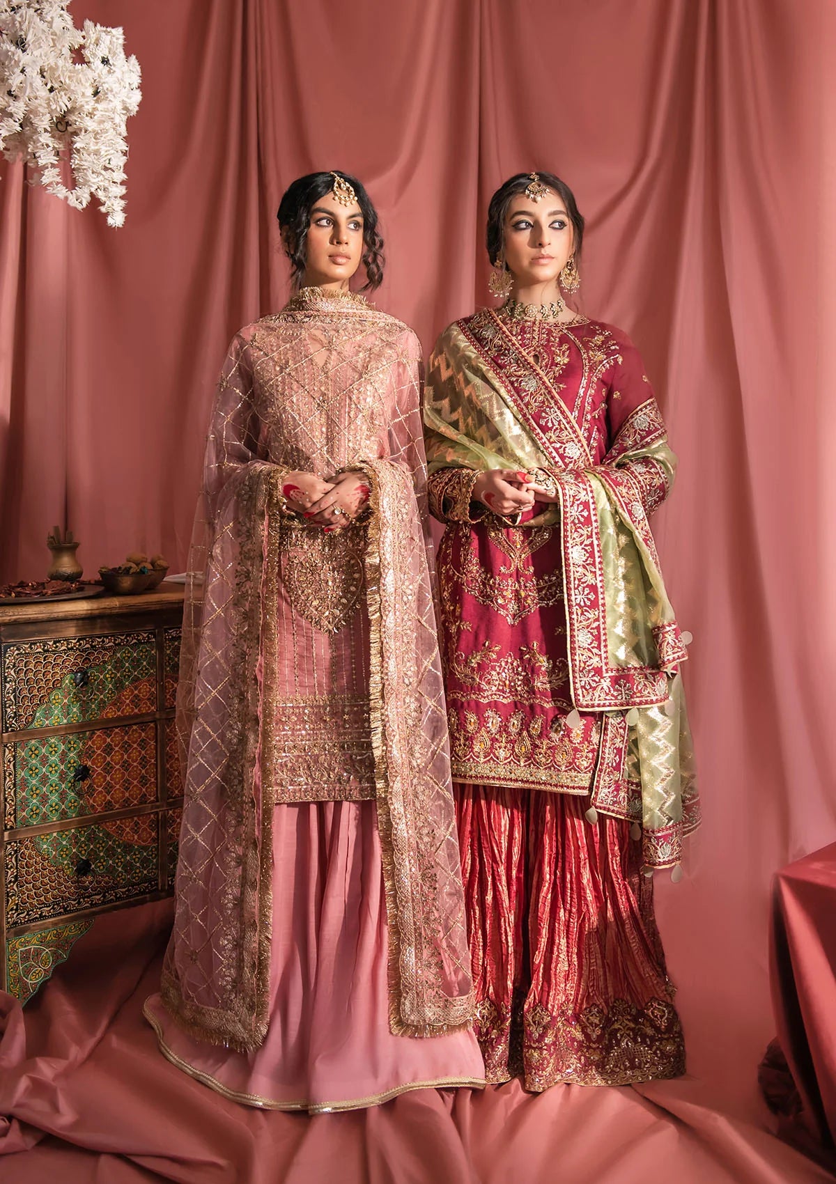 Chai pink khaddi net outfit inspired by Kashmiri marori embroidery, featuring tilla, sitara and gota details with raw silk pants and an embroidered net dupatta with organza borders