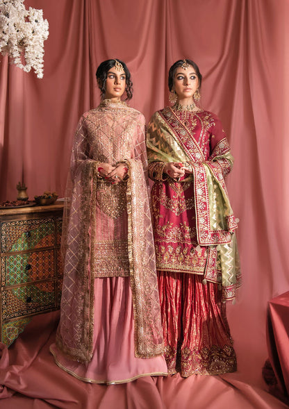 Chai pink khaddi net outfit inspired by Kashmiri marori embroidery, featuring tilla, sitara and gota details with raw silk pants and an embroidered net dupatta with organza borders