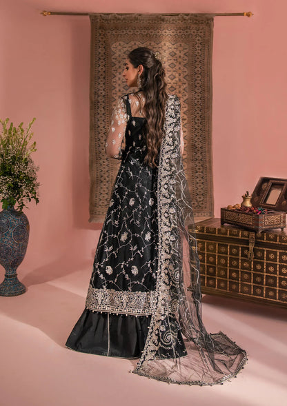 Timeless black net ensemble featuring Kashmiri paisley motifs, refined sequin and bead embellishments, organza borders, raw silk pants, and an embroidered net dupatta for elegant monochrome appeal.