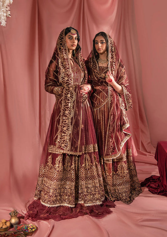 Festive mahogany net ensemble inspired by Kashmiri craftsmanship, featuring oxidised gold and bronze tilla, antique sequins, hand embellishments, masoori silk pants, and an embroidered net dupatta.