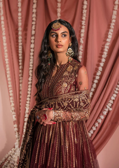 Festive mahogany net ensemble inspired by Kashmiri craftsmanship, featuring oxidised gold and bronze tilla, antique sequins, hand embellishments, masoori silk pants, and an embroidered net dupatta.