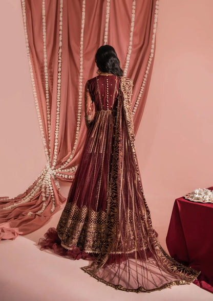 Festive mahogany net ensemble inspired by Kashmiri craftsmanship, featuring oxidised gold and bronze tilla, antique sequins, hand embellishments, masoori silk pants, and an embroidered net dupatta.