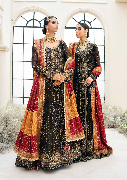 Luxury black chiffon outfit with antique gold embroidery, beadwork, sequins, and a scarlet silk shawl. Includes Angrakha or Kalidar styles options