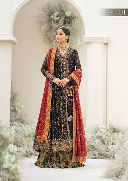 Luxury black chiffon outfit with antique gold embroidery, beadwork, sequins, and a scarlet silk shawl. Includes Angrakha or Kalidar styles options