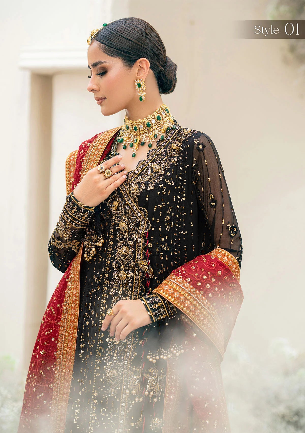 Luxury black chiffon outfit with antique gold embroidery, beadwork, sequins, and a scarlet silk shawl. Includes Angrakha or Kalidar styles options